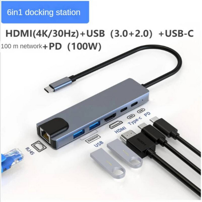 JND 10 in 1 C타입 USB 허브 이더넷 4K HDTV 멀티 포트 USB 3.0 허브 맥북 프로용 USB 도킹 스테이션 C타입 어댑터, 8) 6 in 1 Grey, 08 6 in 1 Grey
