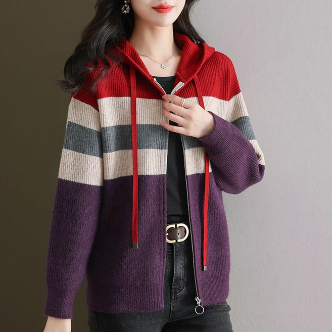 쩐쿠 여성 캐주얼 삼색 니트 후드집업 K0164