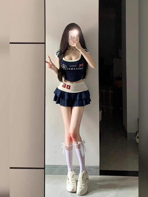 美式學院風U領短袖上衣A字短裙兩件套, 上衣+短裙 (兩件套)