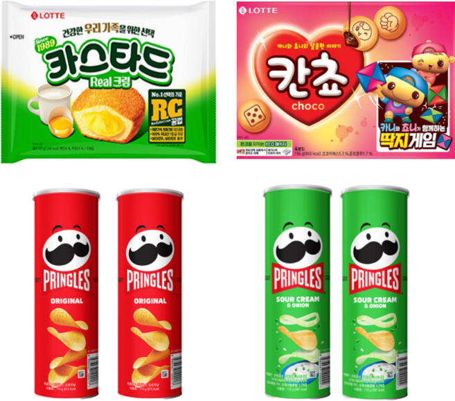 롯데 카스타드 230g 롯데 칸쵸 196g 프링글스 오리지날 110g*2 프링글스 양파 110g*2