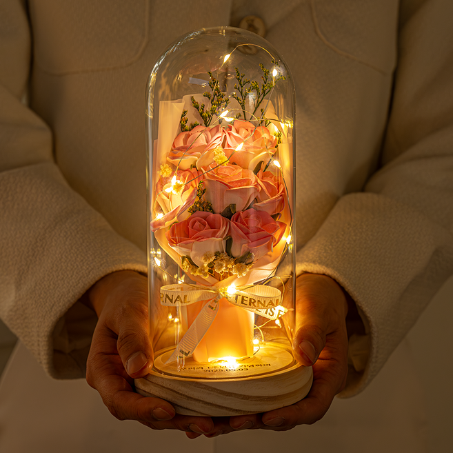 마음담은집 "영생화" 시들지 않는 유리돔 무드등 꽃다발, 로제 핑크