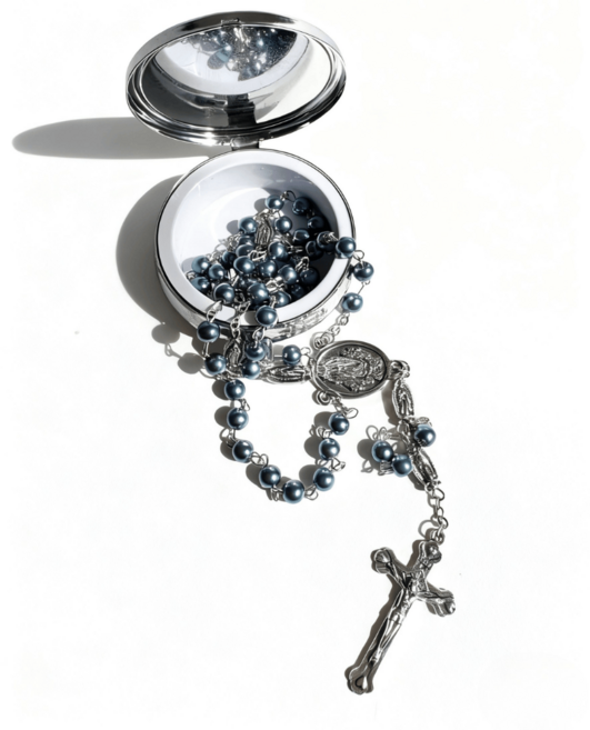 가톨릭 성모 유리 진주 묵주 목걸이+보관 케이스, 블루, 1개