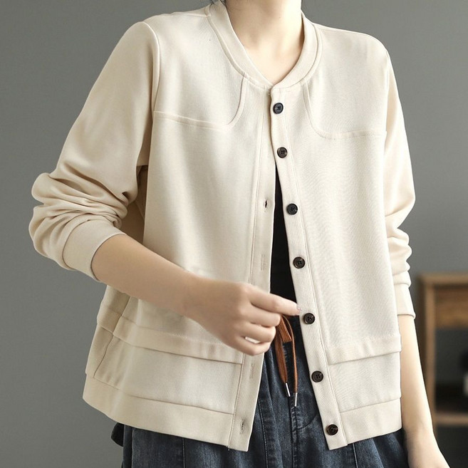 Neirny 여성 라운드넥 자켓 봄가을 솔리드 가디건 맨투맨 오버핏 데일리 스판 슬림핏 캐주얼 바람막이 야구점퍼
