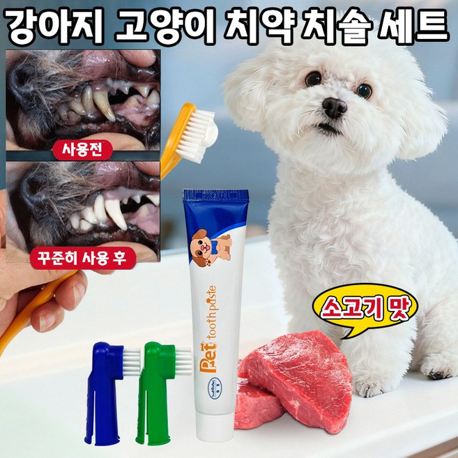 1/1+1 강아지 치약 치솔 세트 반려동물 소고기 맛 치약 입냄새 치석 제거 구강 잇몸 관리, 2세트