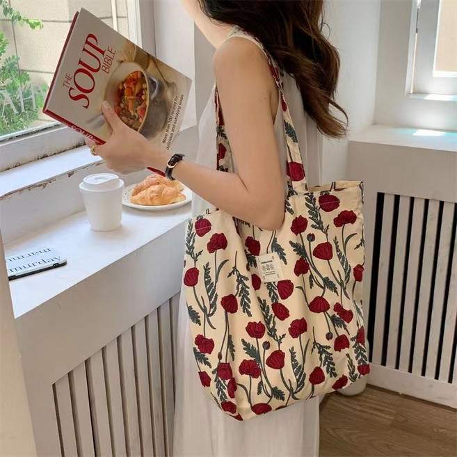 모델엄마 빨강꽃 나일론 방수소재 가벼운 에코백 숄더백
