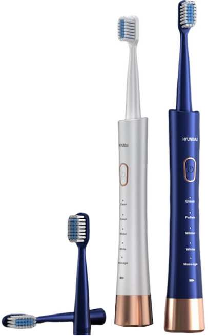 hyundai 초음파 전동 칫솔 2개입 + 칫솔모 2개입 세트, 1세트, 블루+화이트, xm-806