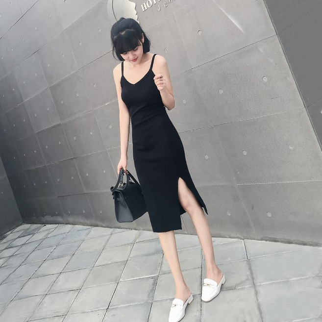 設計感V領針織吊帶連衣裙 法式名媛修身顯瘦長裙, 黑裙【優質版】,XL