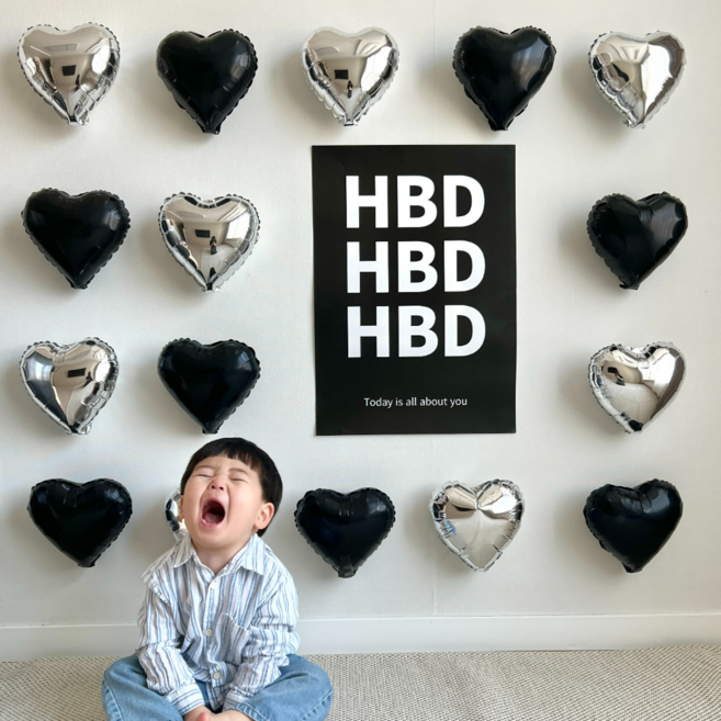 365잇템 HBD 생일포스터 하트풍선 생일파티 올인원세트, 1세트, 실버블랙