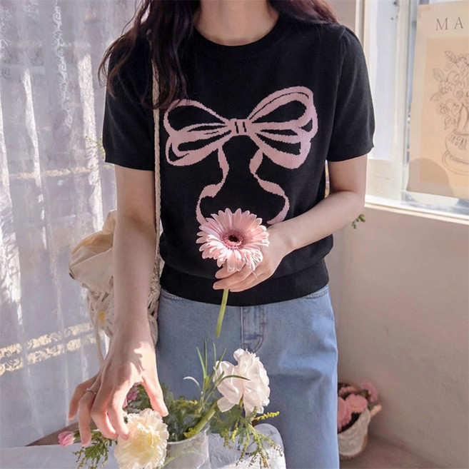 SOSISI 여성 반팔 니트 라운드넥 리본 자카드 여름 니트 티 46132