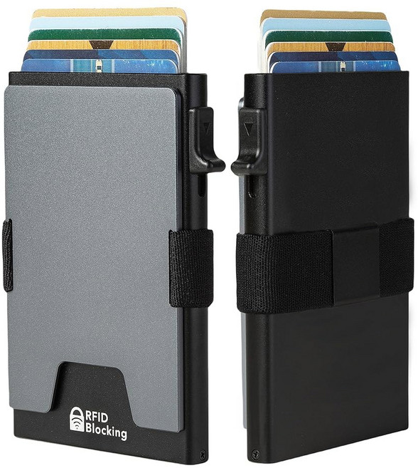 골리디 미니멀리스트 남성 카드 홀더 지갑 RFID 차단 슬림 스마트 팝업 알루미늄 12장 이상의 소지 확장 가능한 컴팩트 플레이트 캐시 스트랩/머니 클립(블랙)