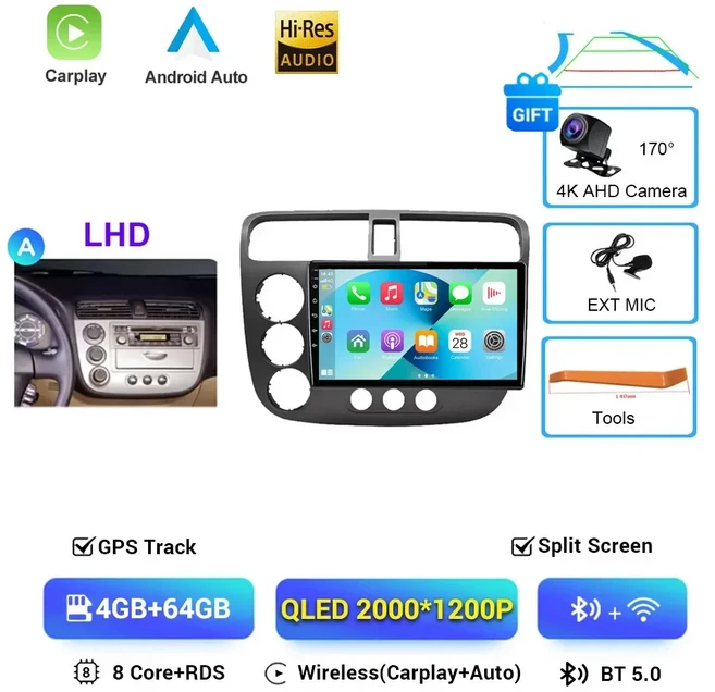 혼다 시빅 2000-2006용 DSP 안드로이드 15 카 라디오 GPS 네비게이션 멀티미디어 플레이어 자동 BT 헤드 유, 03 A-4G-64G CAM