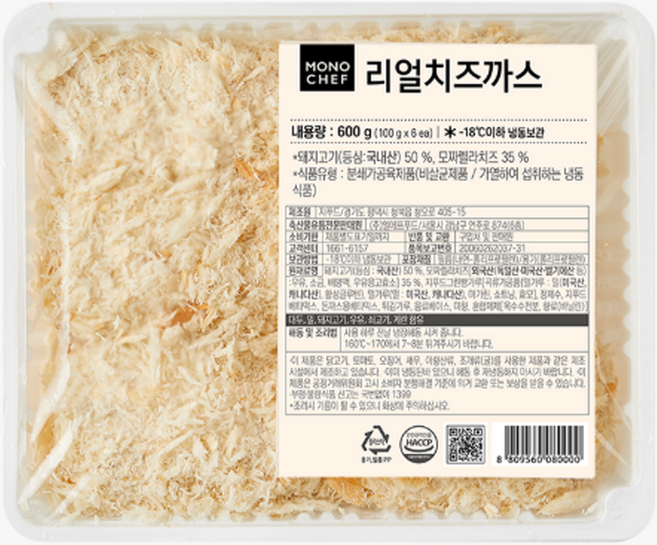 리얼치즈까스 모노쉐프 600g(100g x 6ea) 치즈돈까스 돈가스 습식빵가루 베터믹스, 100g, 1