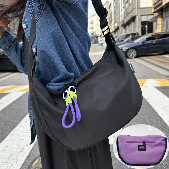 mddas 부드럽고 가벼운 반달 크로스백 여행용 방수 나일론 퍼플 9125