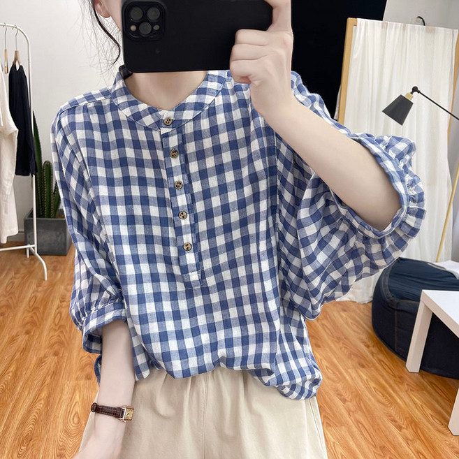 여름 얇은 박쥐 소매 파란색과 흰색 격자 무늬 셔츠 여성용 느슨한면 및 린넨 탑 레트로 반소매 선 스크린 의류 08d1f28LL