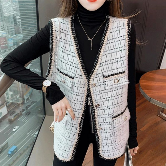 besteffie 여자 트위드베스트 가을 겨울 무늬 울 혼방 조끼 패션 캐주얼 스타일 버튼 E28