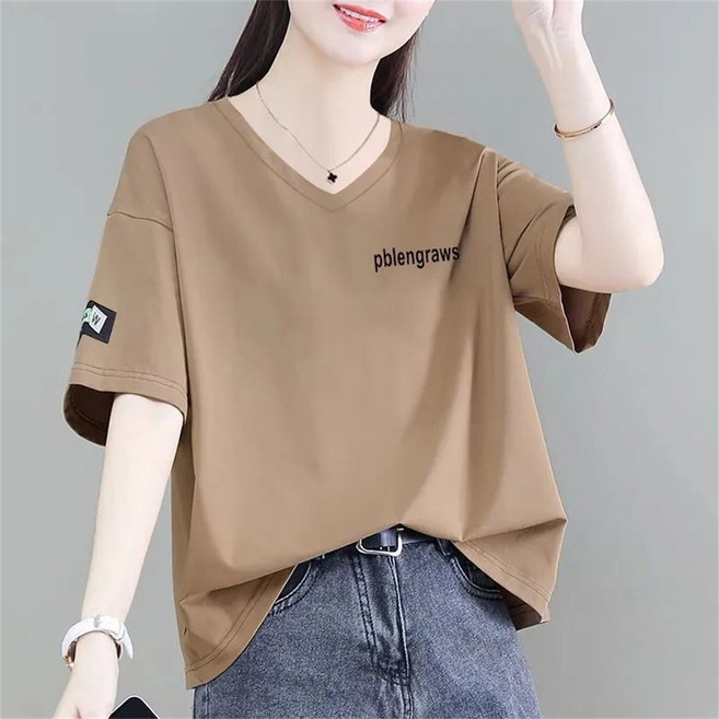 besteffie 여성용 캐주얼 반팔 티셔츠 여름 면 소재 V넥 루즈핏 프린팅 티셔츠 K51