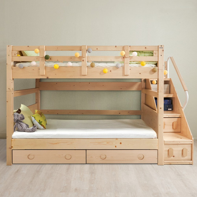 [에보니아] 하이디 슈퍼싱글 계단형 원목이층침대 하부서랍포함 (매트리스 옵션선택), 계단측면형_메모리폼매트포함_내추럴