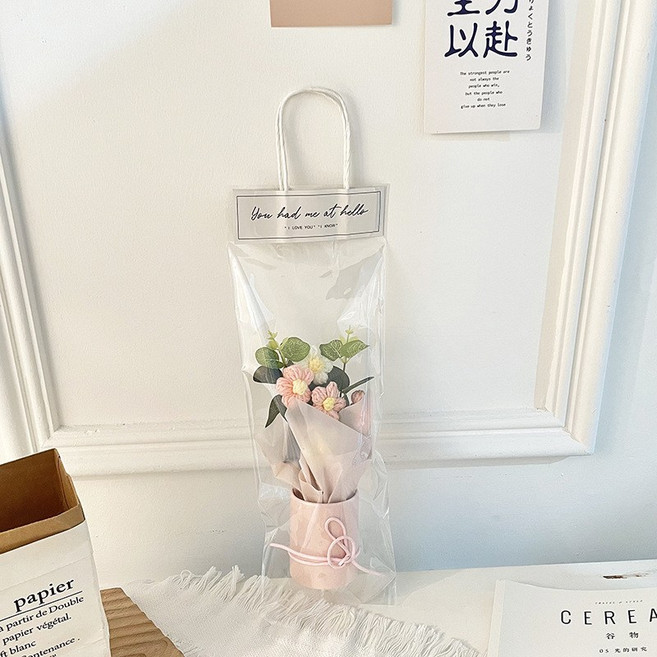 手作編織花束籃, 泡芙花抱抱桶-粉花+白花,透明提袋款, 1件