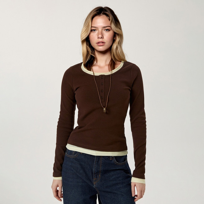 [후아유] 여성 레이어드 헨리넥 롱슬리브 티셔츠 / WHLAG2283F