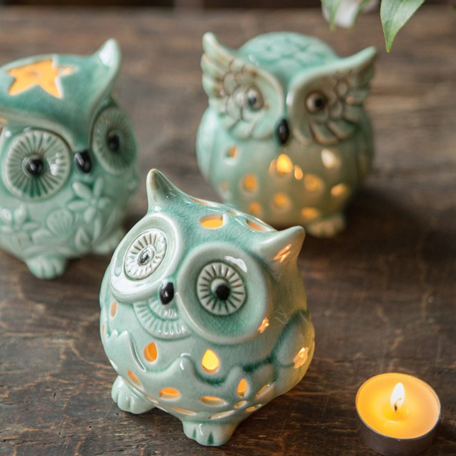 민트부엉이 도자기장식품 3P세트 / 캔들홀더 부엉이장식품