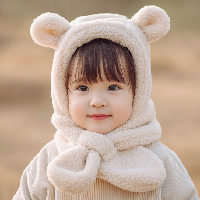 보니타콜렉티드 [3세-6세]아동 포근 곰돌이 뽀글이 모자 아기 목도리 겨울모자