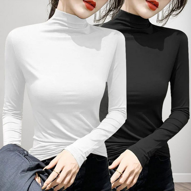 1+1 여자 목폴라티 심플 반폴라 긴팔티 2피스 슬림핏 이너티 상의 봄 가을 여성 긴팔 티셔츠 CJJ