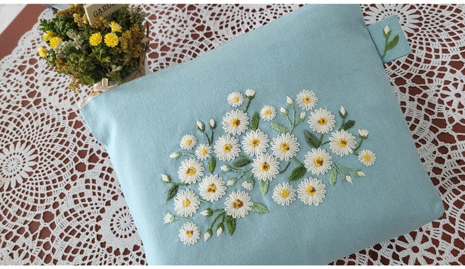 [동영상강의포함] 프랑스자수 DIY 패키지 - 데이지 자수 파우치 (New), 민트블루, 1개