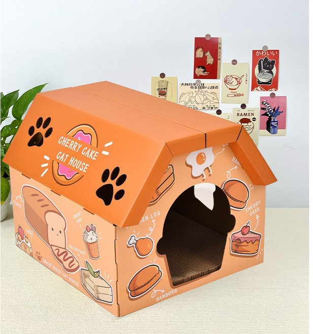 고양이 골판지 스크래쳐 숨숨집 박스 하우스, 1개, 체리케이크 하우스