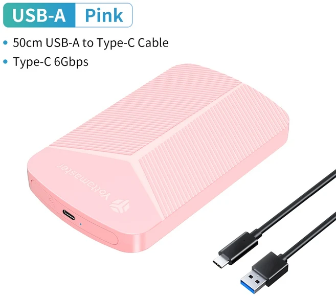 Yottamaster 2.5인치 HDD 인클로저 SATA to USB 3.0 Type-C 외장형 하드 드라이브 케이스 6Gbps 속도 SSD 6, 02 USB A to C Pink