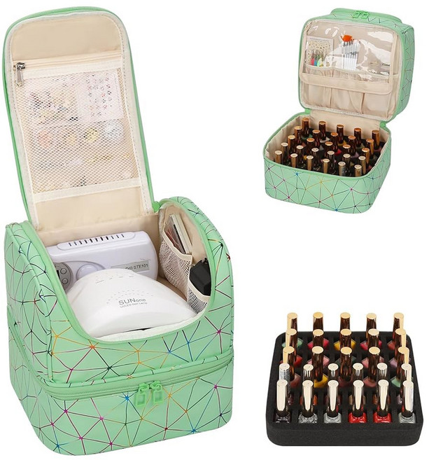 큐베타스틱 네일 폴리쉬 정리함 휴대용 보관 케이스 45병 & 램프 여행용 용품 정리함 테크 키트 및 매니큐어 도구 보관함, Triangle Green, 27 Slots, 1개