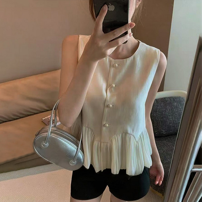 SELEAD 여성여름조끼 민소매블라우스 조끼베스트여름 레이스조끼 새틴블라우스 실크블라우스