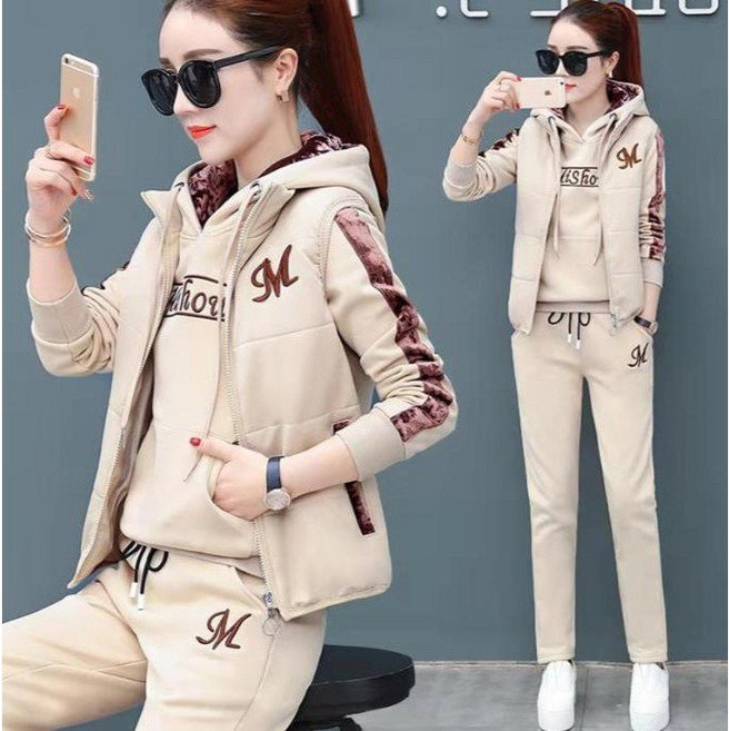 여성 기모 트레이닝복 세트 빅사이즈 패딩 조끼 자켓+후드 맨투맨+조거팬츠 3종세트 캐주얼 운동복