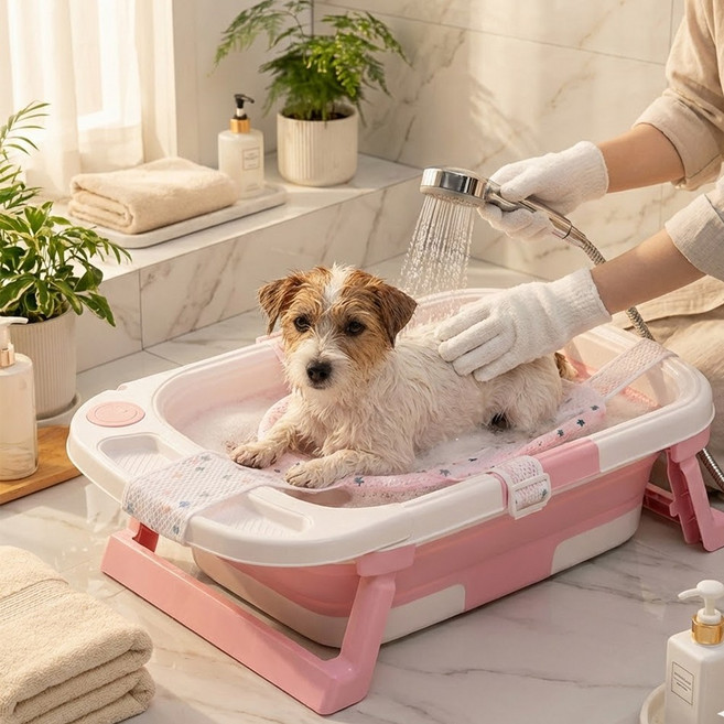 튼튼댕냥 반려동물 초슬림 더블폴딩 펫욕조, 1개, 핑크