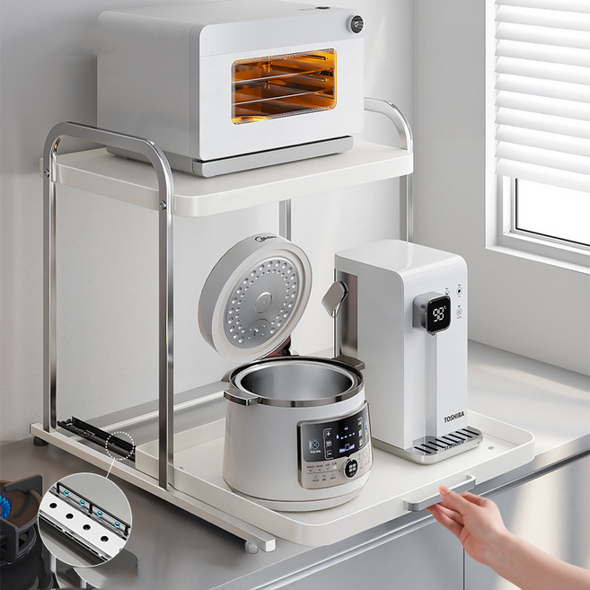 체블스 2단 밥솥 슬라이딩 전자레인지 선반 렌지대 수납장, 화이트 실버