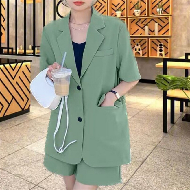 Vezri 여성 봄여름 캐주얼 투피스 세트 단추 장식 넉넉한 핏 자켓 반바지 설정 심플한 디자인 패션 정장