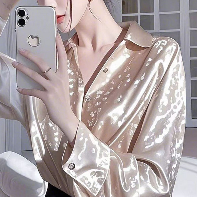 FANSYLI 셔츠 여성 블라우스 고급감 슬림 통근 셔츠 패션 브이넥 새틴 셔츠 오피스룩 하객룩 XR2512D29