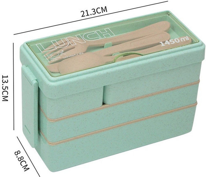高級簡約餐盒亞馬遜大容量便當盒三層分格學生餐盒上班族可微波飯, 1個, 麥料分格款1450ML綠色【熱縮膜】:如圖