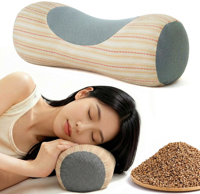 Leesheer 스트라이프 메밀 베개 3D 입체 경추베개 통기성 좋은 숙면, 1개, 베이지