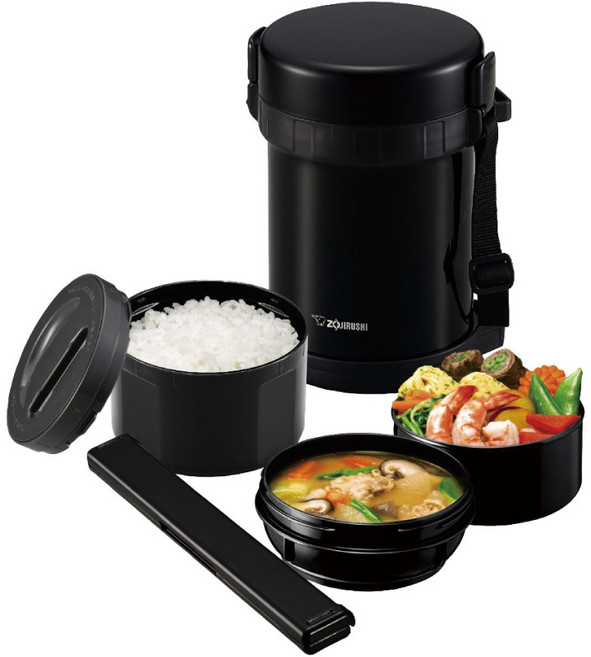 ZOJIRUSHI 象印 不銹鋼保溫便當盒 SL-GH18 內含飯盒、菜盒、湯盒 多層分隔設計 保溫效果佳 輕巧便攜, 黑色, 1個