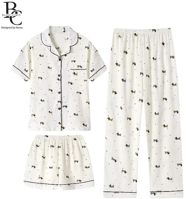 블랑커브 구름면 여성 반팔 잠옷 3피스 세트 여름 홈웨어 체크 파자마 긴바지 반바지 세트