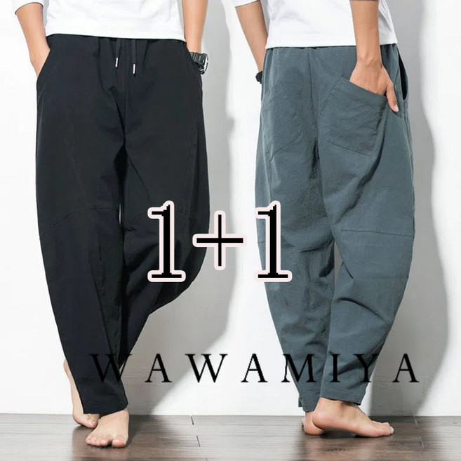 1+1 봄 여름 바지 남성 린넨 배기팬츠 시원한 밴딩팬츠 슬랙스 와이드 무바지 면 마 캐주얼바지 남성긴바지 빅사이즈 WAWAMIYA
