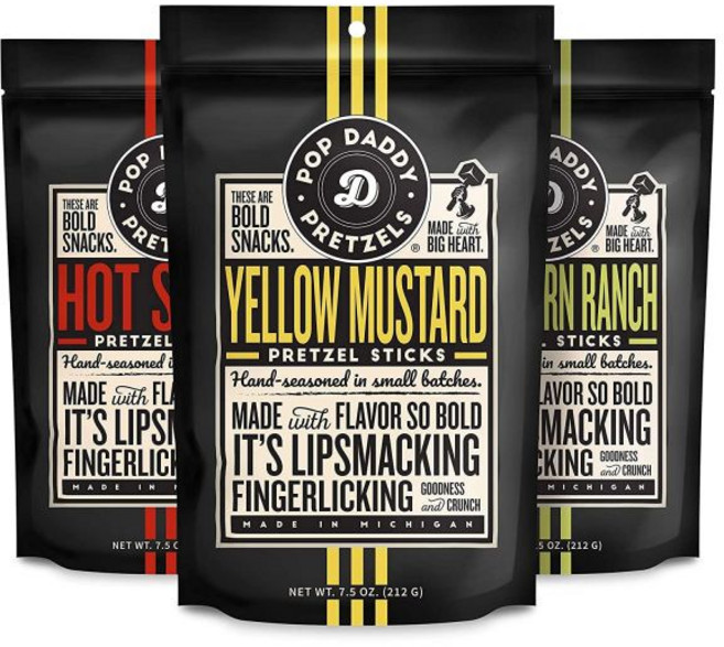 POP DADDY ·POPCORN· 디핑 소스 팝 대디 맛 프레첼 스틱 건강한 고메 7.5온스 다양팩 6개입 마늘 파마산 시나몬 슈가 페퍼콘 랜치 훈제 구다 딜 피클 노란, 핫 / 랜치 / 머스타드, 7.5 온스 (3개 묶음)