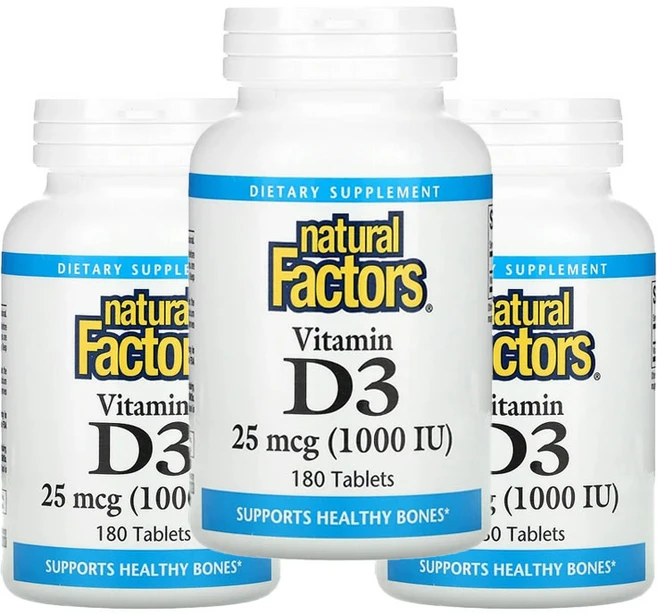 내추럴팩터스 Natural Factors 비타민 D3 25mcg 1000IU 180정 3개 콜레칼시페롤 Cholecalciferol 스테아린산 마그네슘 인산이칼슘, 3팩 - 쿠팡