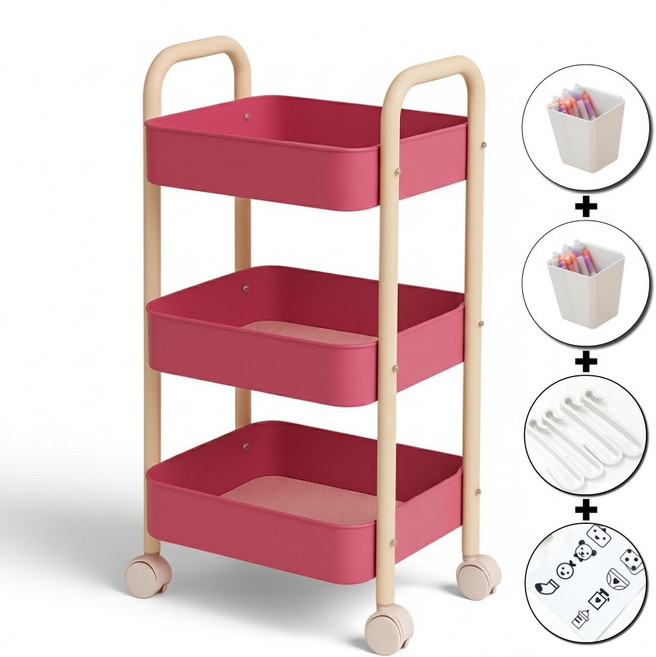 메종리케 철제 이동식 트롤리 서랍장 정리함 수납 주방 선반 이동용 수납장 다용도, 3단, 체리핑크+옐로우