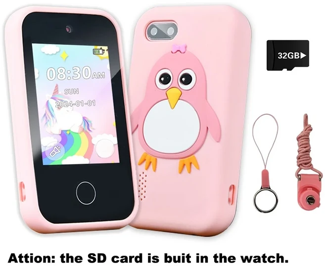 어린이 스마트폰 카메라 장난감 휴대폰 18가지 게임 터치스크린 학습 완구 3-12세 남아 MP3 플레이어 생일, 03 pink 32G