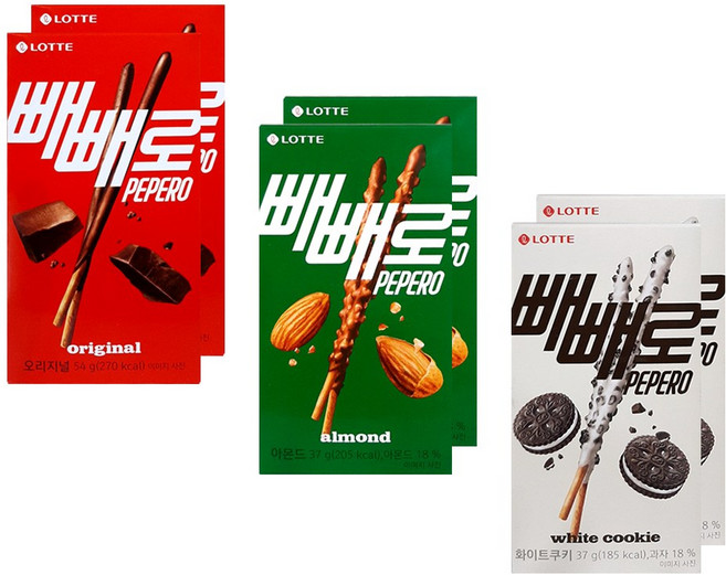 롯데웰푸드 빼빼로 3종 2개씩 (초코 오리지널54g+아몬드37g+화이트쿠키37g), 1개
