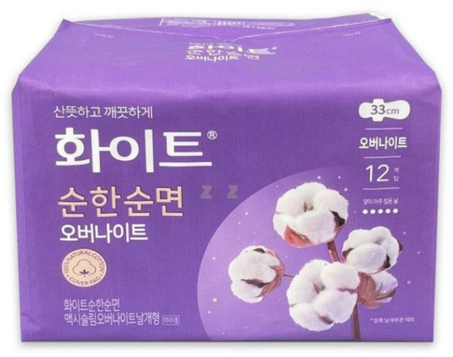 화이트 순한 순면 생리대 날개형, 오버나이트, 12개입, 1개