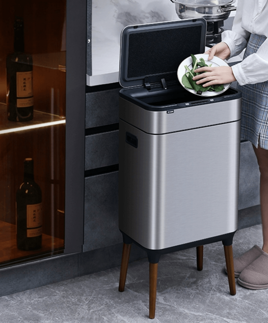 바이바나 노터치 스마트감지 스테인리스스틸 휴지통 분리수거통 대용량휴지통, 12L 이상, 9L+9L 듀얼살균기능 - 화이트스테인리스