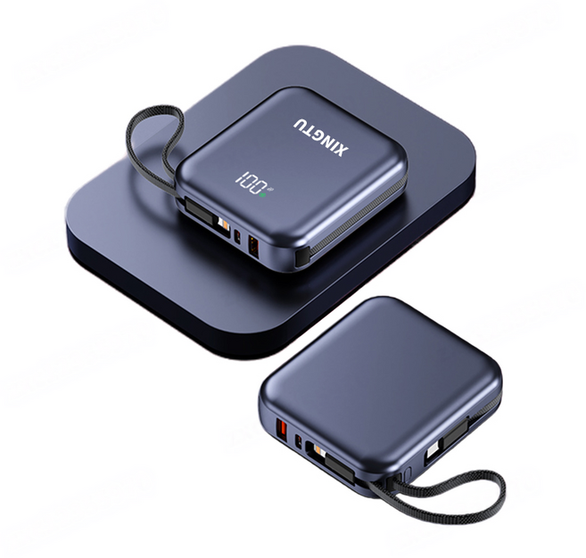 XINGTU 小巧方塊行動電源 20000mAh 22.5W Type-C 快充行動充 隨身充 可登機 (防爆電芯3C Wh標示), 藍灰色【自帶雙線+智能數顯】, 藍灰色【自帶雙線+智能數顯】, AT507