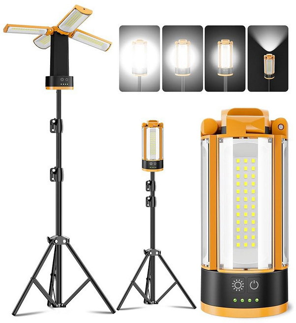 스탠드가 있는 T-SUN 충전식 캠핑 조명 4개의 LED 램프 헤드가 10400mAh 작업 4100루멘 분리형 삼각대 67인치 최대 높이주황색의 휴대용, Orange